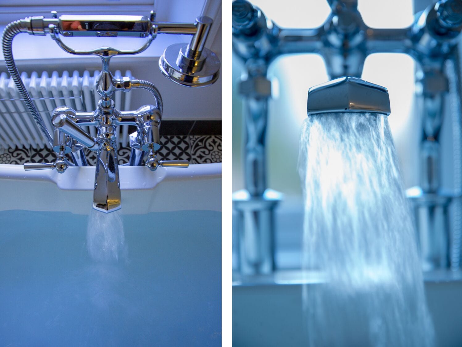 Ein Badezimmer mit einem modernen Wasserhahn und einer Duschbrause.