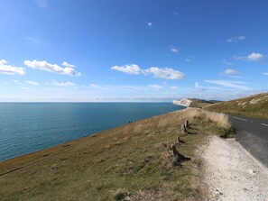 A coastal road with a grassy embankment and a clear view of the sea. - Serendipity (Freshwater)