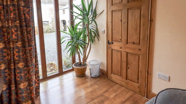 Una habitación con puerta de madera, una planta en maceta, un cesto de basura y vistas al exterior por una puerta de vidrio.