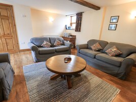 A living room with two grey sofas, a wooden coffee table, and patterned throw pillows.