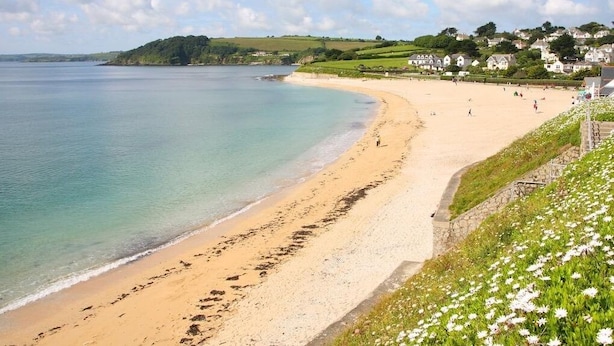 A coastal beach with a sandy shore, a stone wall, and houses in the background. - Chyandour (Falmouth)