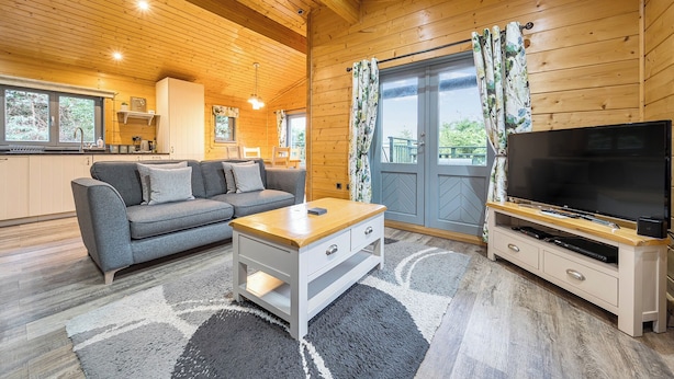 Un intérieur de chalet chaleureux avec un canapé, une télévision et des murs en bois.