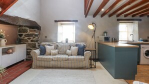 A cozy living area with a striped sofa, a stone wall, a washing machine, and a kitchen area. - Cegin Foch (Pwllheli)
