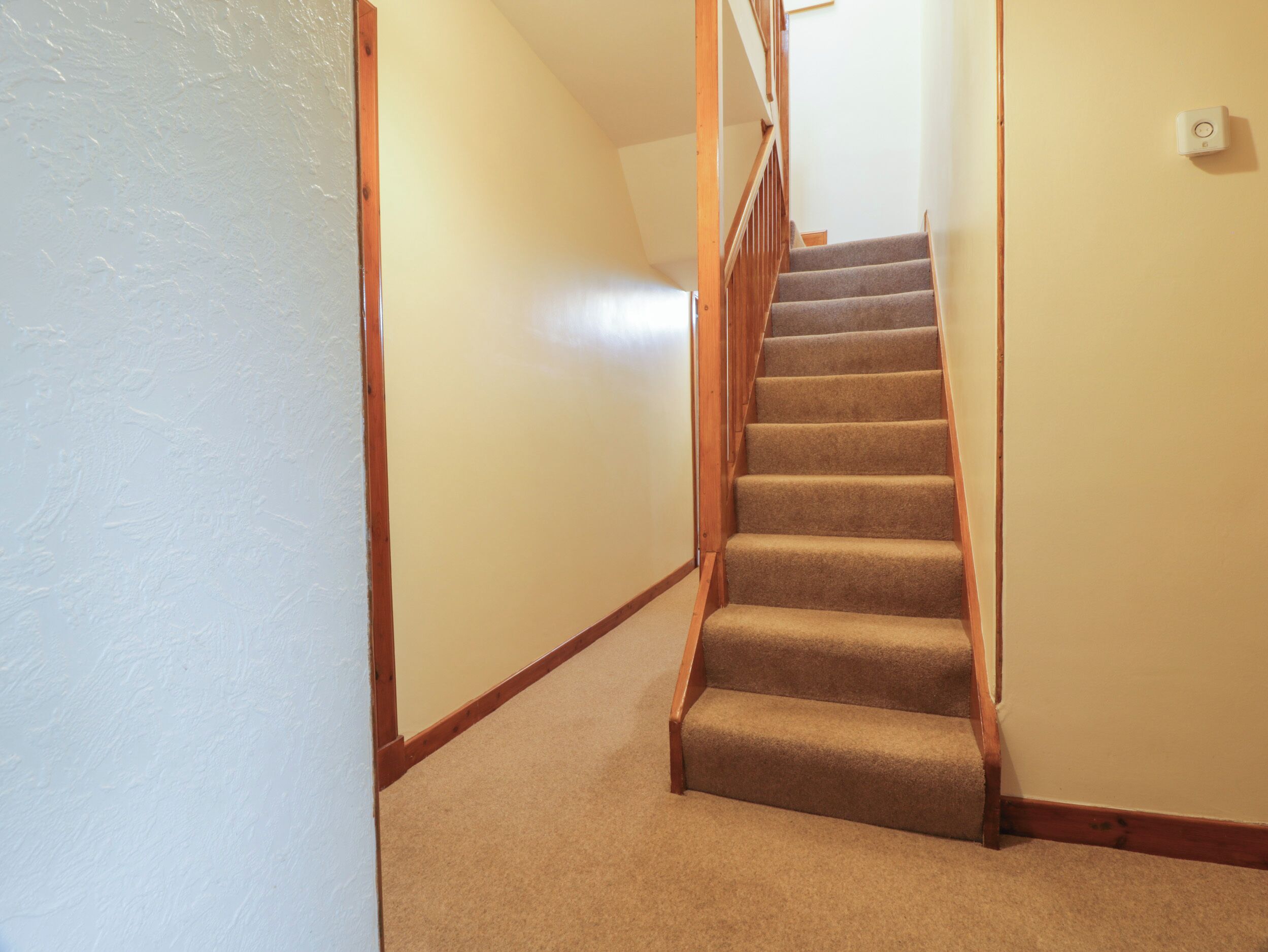 A carpeted staircase with wooden handrails and a light-colored wall.