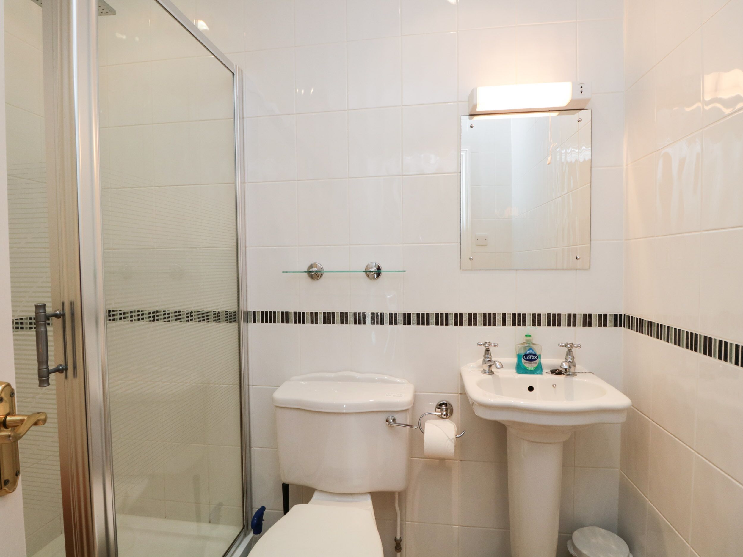 A bathroom with a glass shower enclosure, a toilet, a sink with a mirror above it, and a small shelf with toiletries.