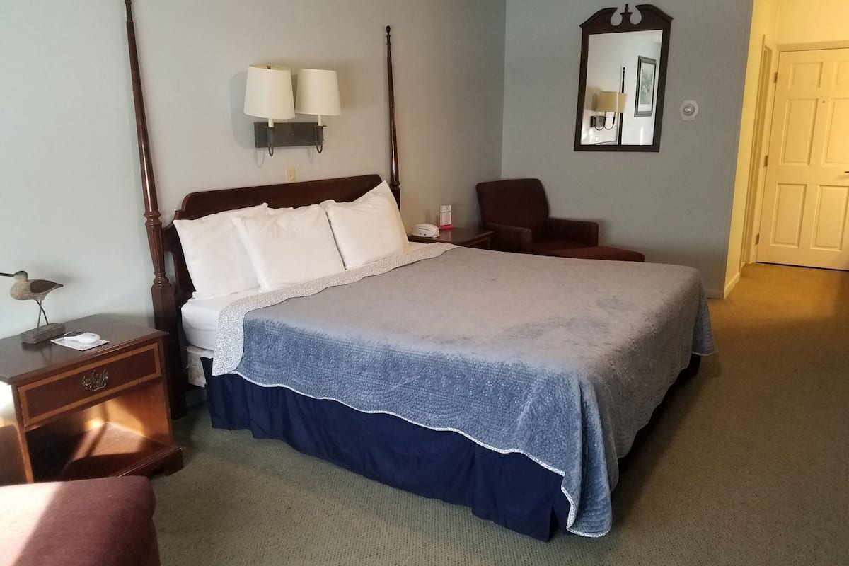 A hotel room with a large bed, a nightstand, a chair, a desk, a lamp, a mirror, and a door.