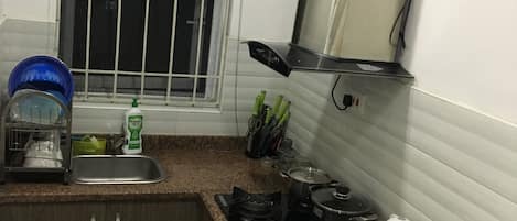 Fridge, microwave, electric kettle, toaster