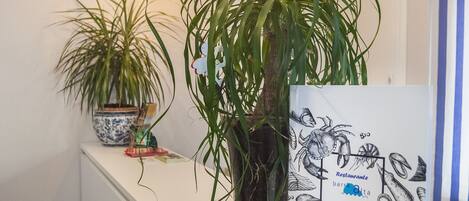 Un área de recepción con mostrador blanco, plantas en macetas, lámparas colgantes y un tablero de menú enmarcado.