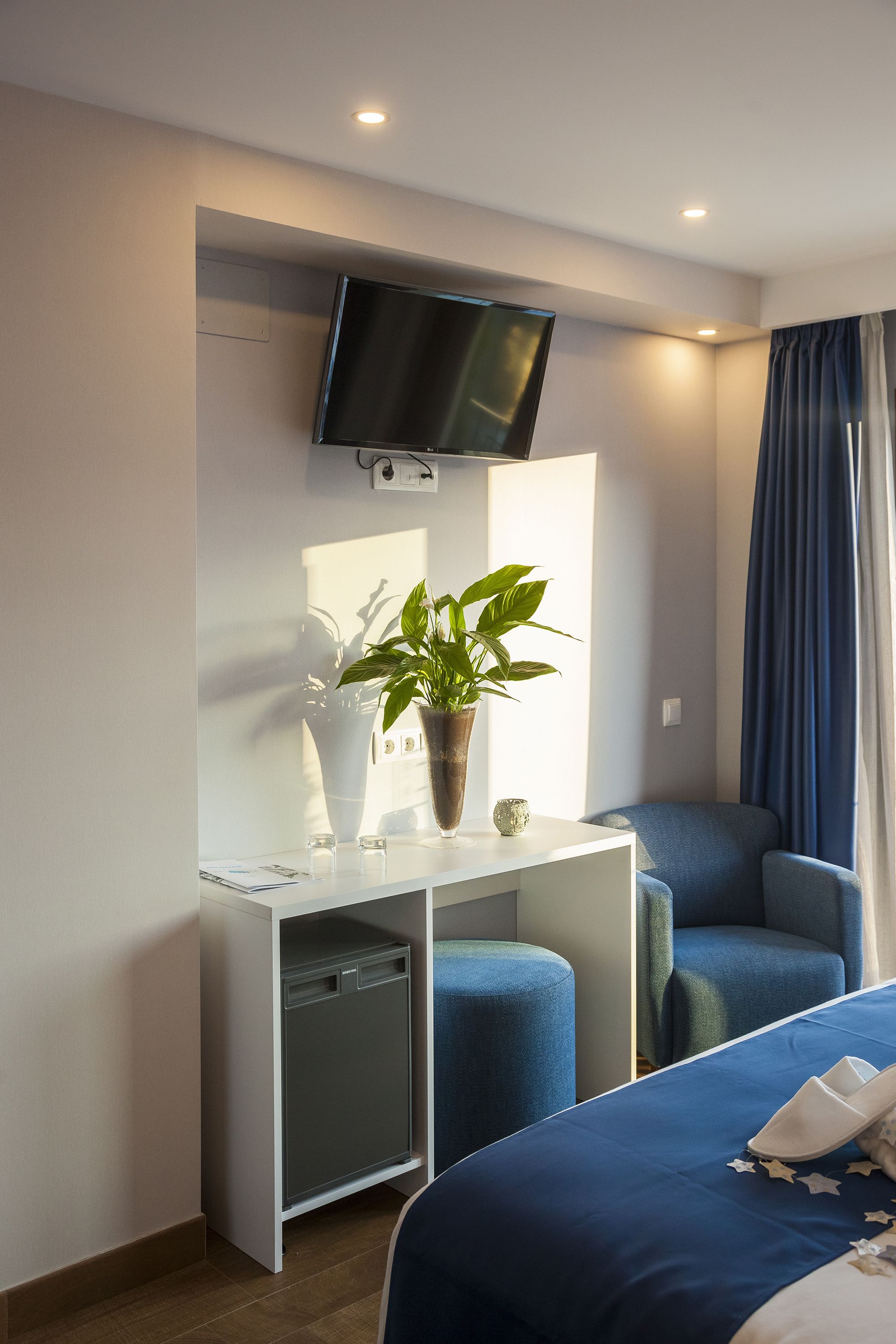 Une chambre d’hôtel avec un lit, un bureau avec une télévision, une plante en pot et une chaise.