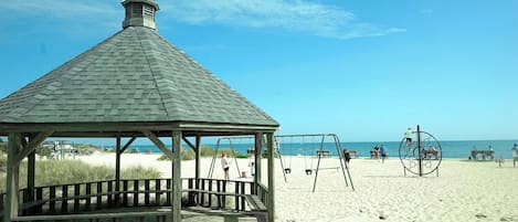 On the beach, sun loungers, beach umbrellas, beach towels