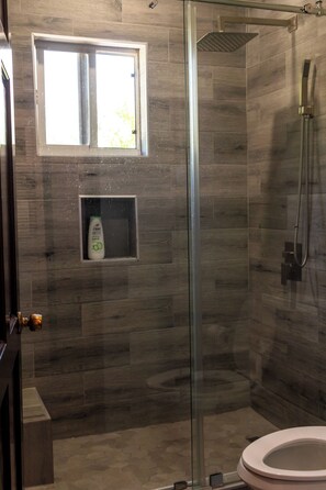 Combined shower/tub, hair dryer, towels, soap