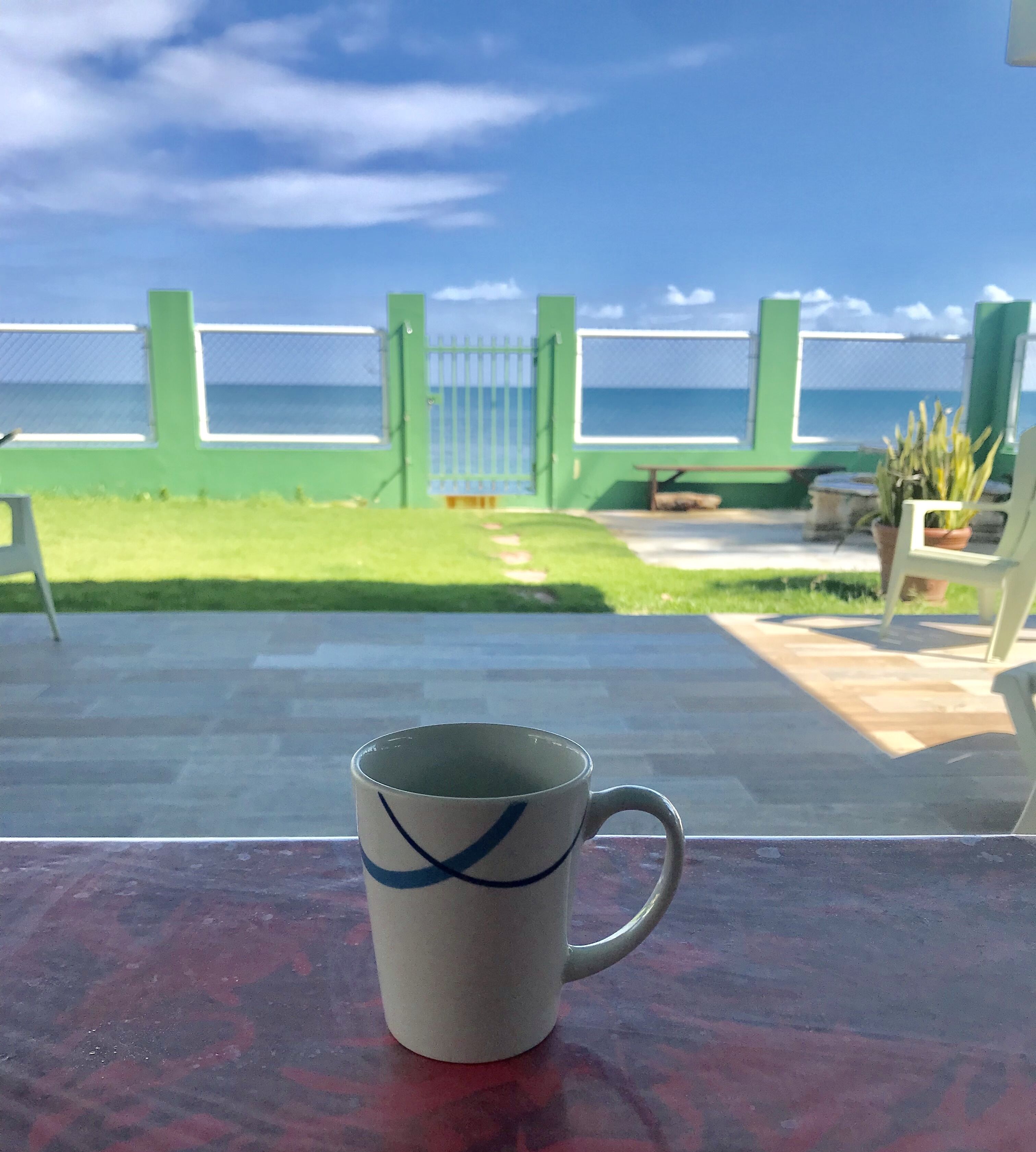 A mug on a table with a view of a green fence and the ocean.