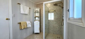 Ducha, secador de pelo, toallas, jabón