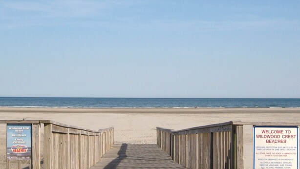 A wooden boardwalk leading to a beach with a clear sky.