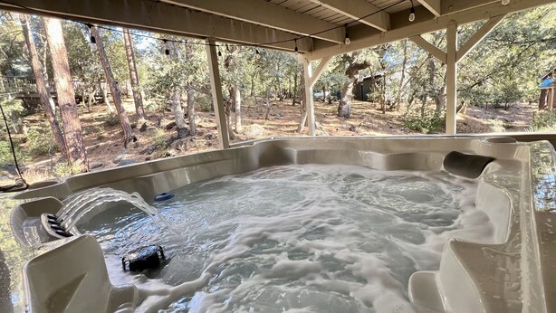 Un bain à remous avec vue sur une zone boisée.