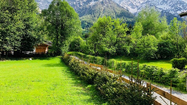 Een berglandschap met een houten chalet, weelderige groene bomen en een heldere lucht.