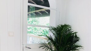 Een witte deur met een houten vloer en een potplant ernaast.