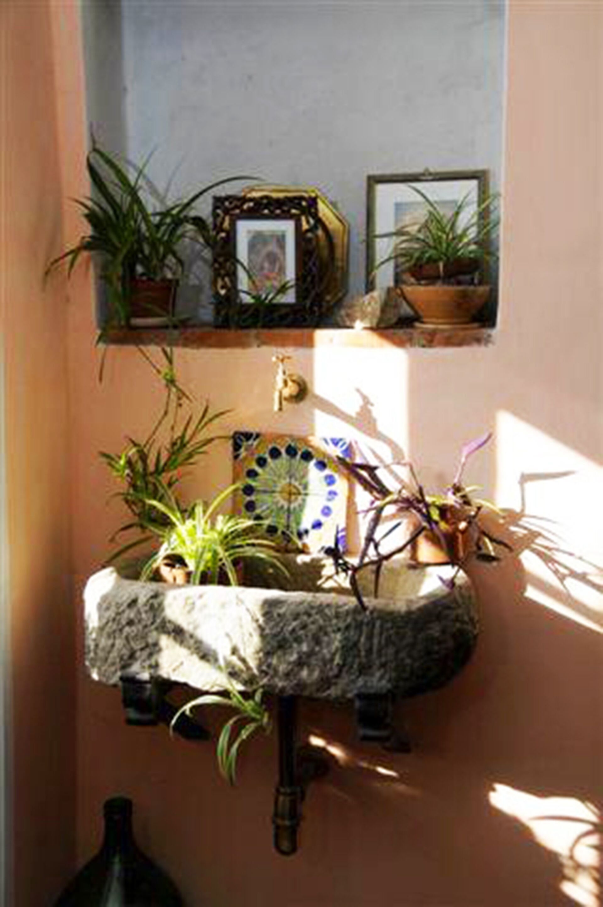 A bathroom with a stone sink, potted plants, and a decorative plate.
