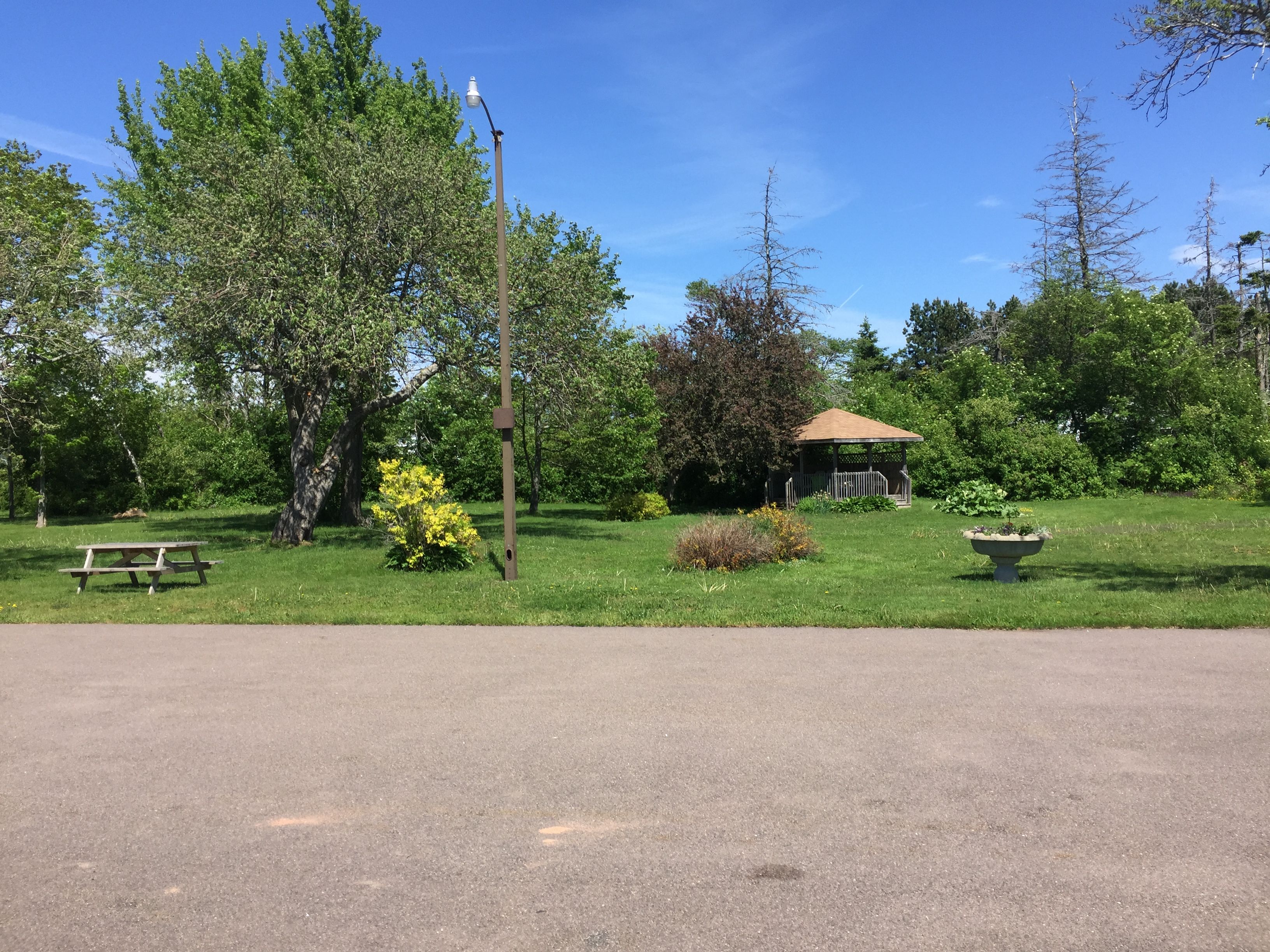 A park with a gazebo, picnic table, and a lamp post.