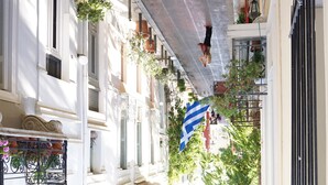 Un estrecho pasillo iluminado por el sol, con balcones, plantas en macetas y una bandera.