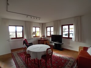 TV, DVD player, books, video library