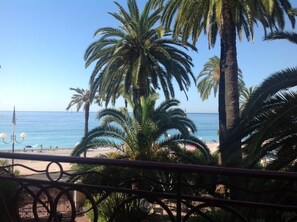 A beach view with palm trees and a clear sky. - La Terrasse du Soleil:Fantastic 3-bd apt with sundeck facing the beach! (Menton)
