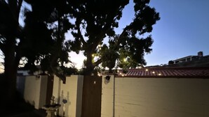 Un espace clos, doté d’un toit en tuiles, d’un mur sur lequel est apposé un panneau portant le chiffre « B », et d’une plante en pot.