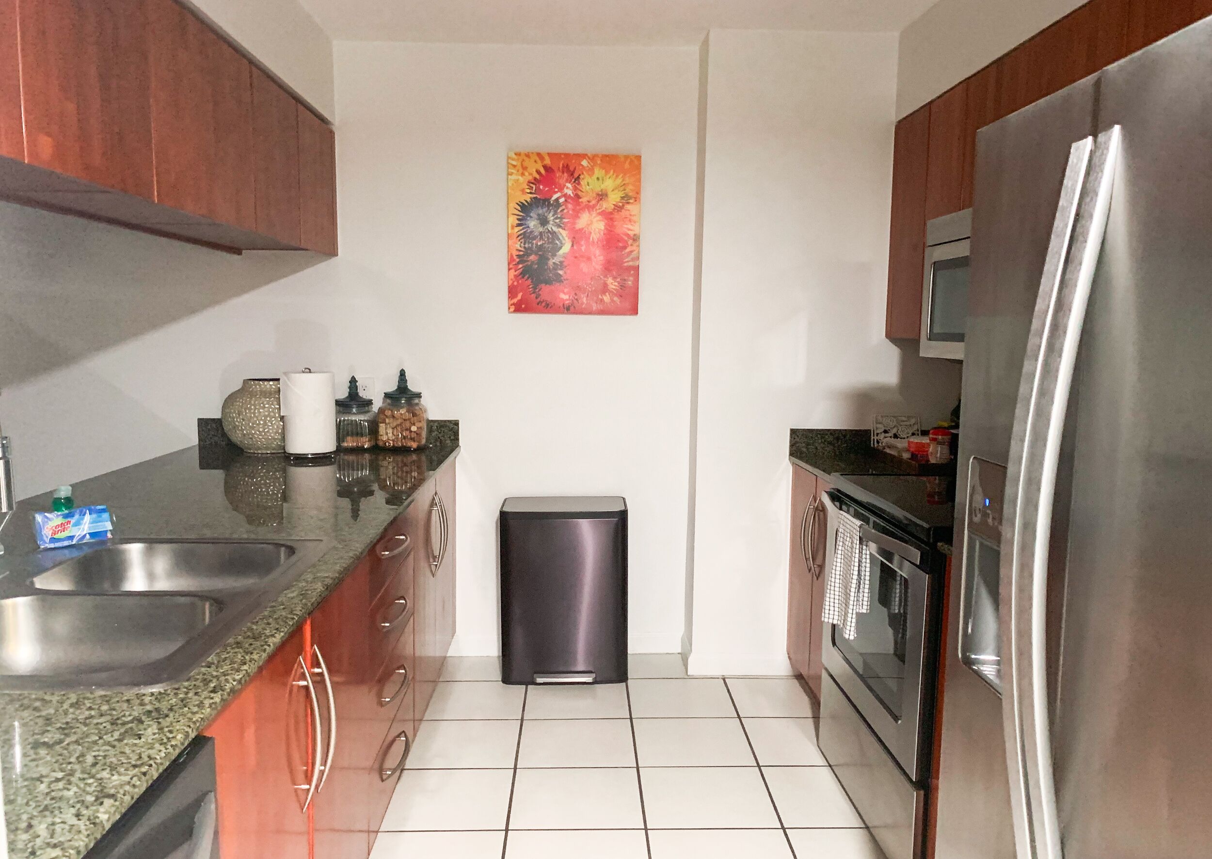 A kitchen with stainless steel appliances, a trash bin, and a colorful painting on the wall.