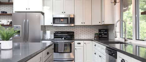 Fridge, microwave, oven, stovetop