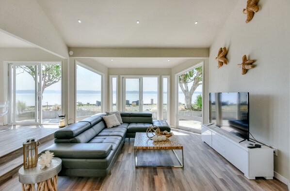 Smart TV, fireplace, video games, DVD player