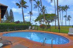 A swimming pool with lounge chairs and a view of palm trees and a grassy area. - Leinaala Oceanfront 405 Panoramic Ocean View, Great Rates, Steps to the beach (Kihei)