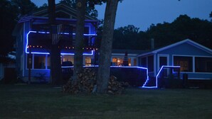 A house with a porch and a staircase. - GRAND PANORAMIC RETREAT, 6 BR, 3 BA, 300' Lakefront, Dock & Launch! NEW (Grove)