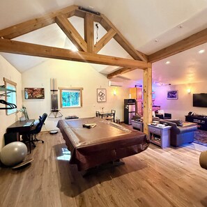 Smart TV, fireplace, video games, DVD player