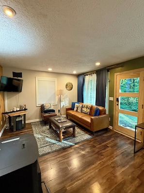 Smart TV, fireplace, video games, DVD player