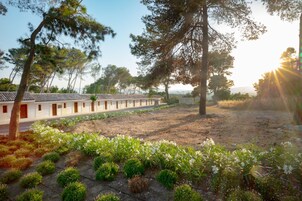 Fileira de edifícios brancos com telhado de azulejos, cercada por vegetação e árvores.