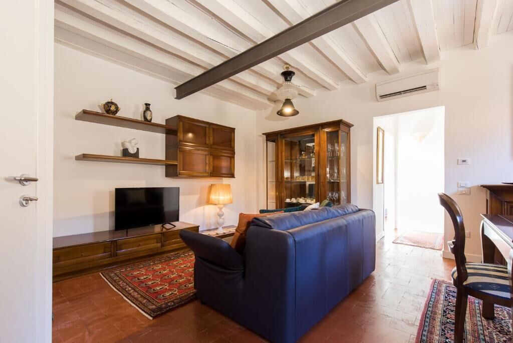 A living room with a blue sofa, a flat-screen TV, wooden shelves, a cabinet, and a patterned rug.