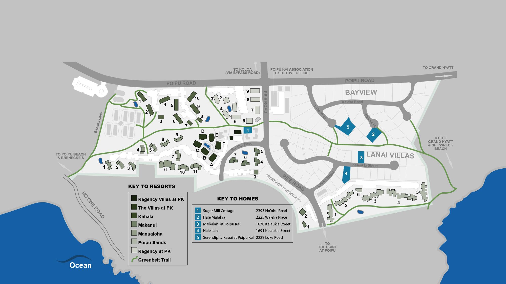 A resort map with marked locations for villas, cottages, and homes.