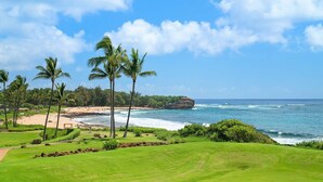 A coastal landscape with a beach, palm trees, and ocean waves.
