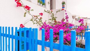 Un edificio blanco con flores de buganvilla rosadas y una valla azul.
