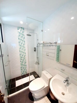 A modern bathroom with a glass-enclosed shower, a toilet, and a sink.