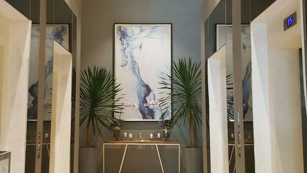 Un couloir au design moderne, agrémenté d’une console centrale ornée d’objets décoratifs, flanquée de grands miroirs et de plantes en pot.