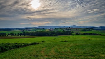 A rural landscape with rolling green fields, distant hills, and a partly cloudy sky.