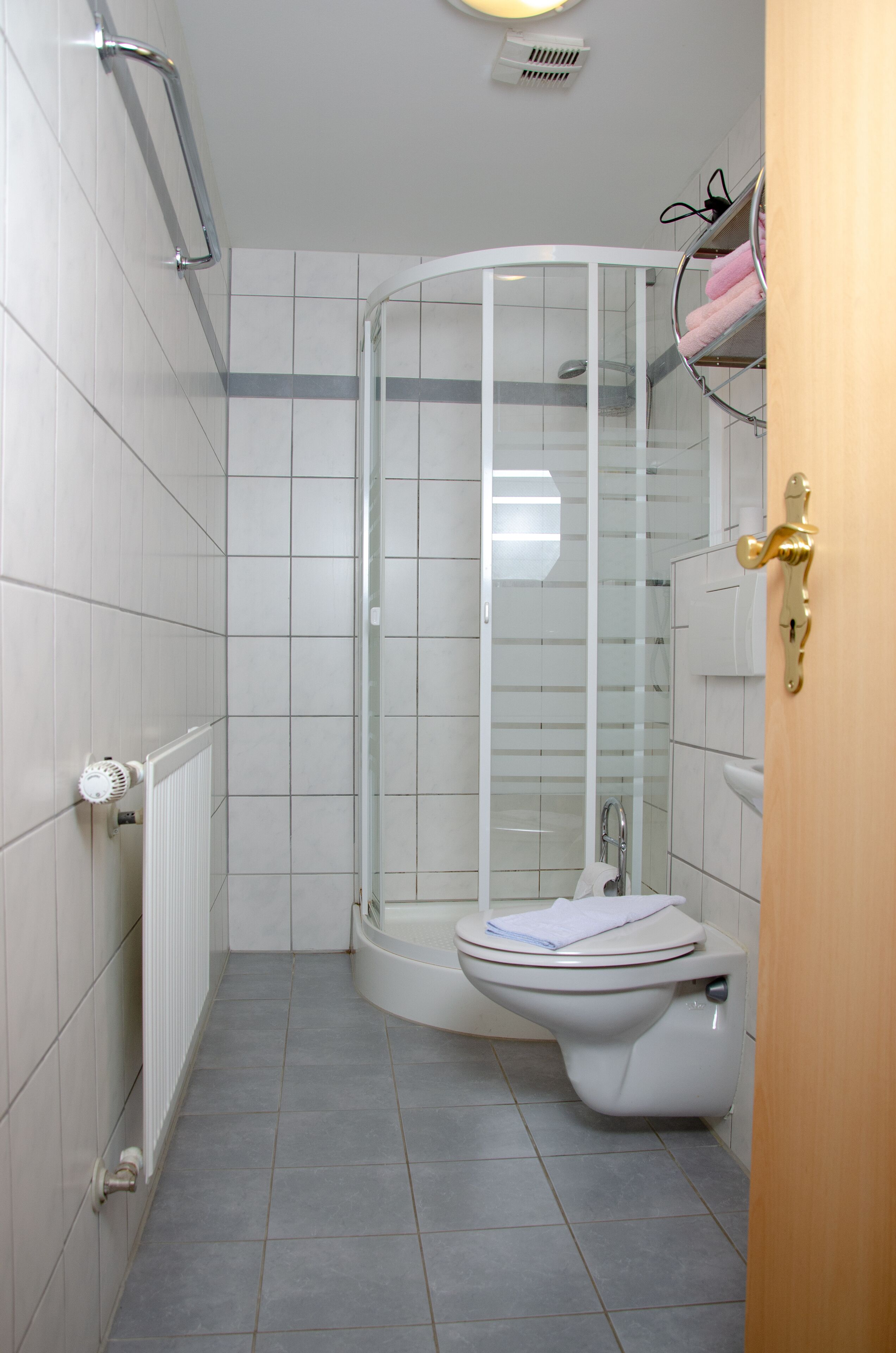 suite | bathroom | shower, hair dryer, towels