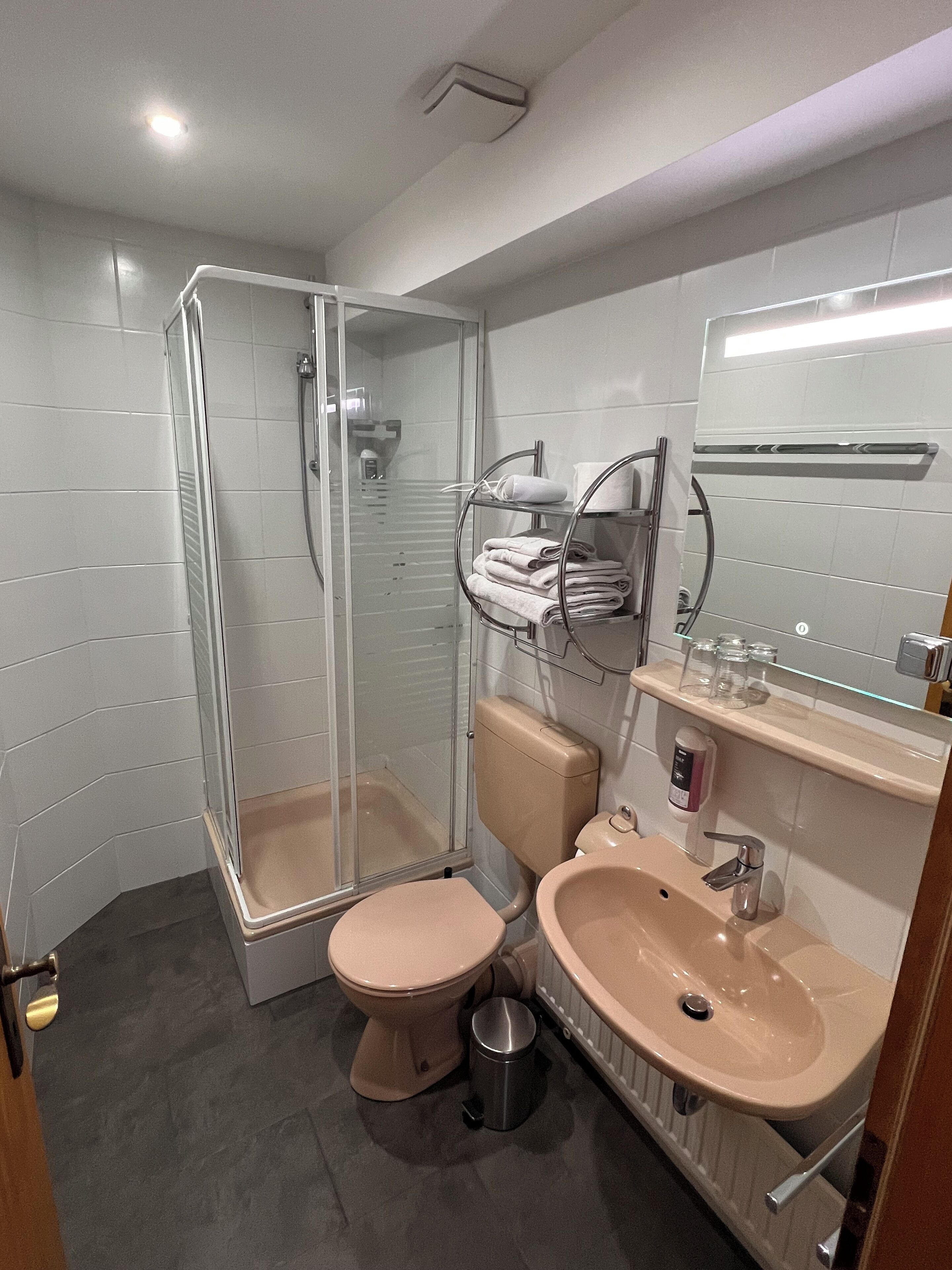 Un bagno moderno con doccia a parete in vetro, un water e un lavandino.
