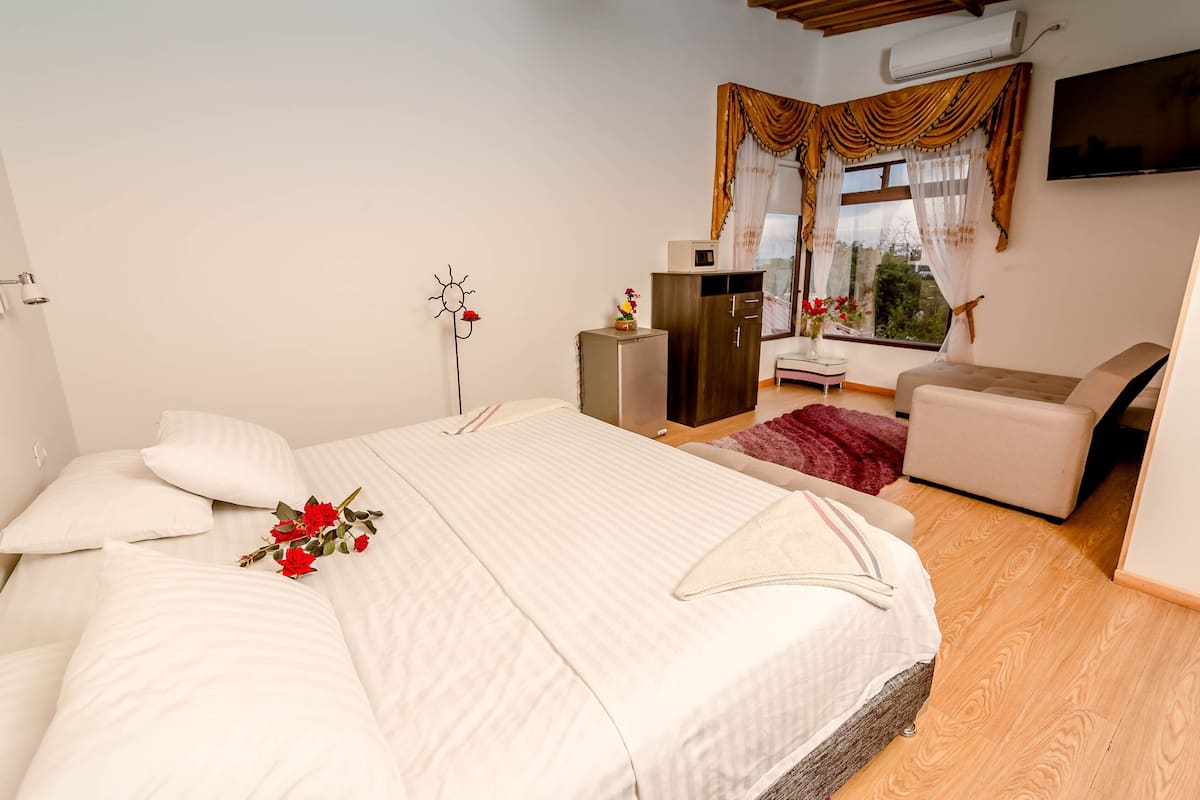 Habitación de hotel con una cama grande, un sofá, un televisor y una ventana con cortinas.