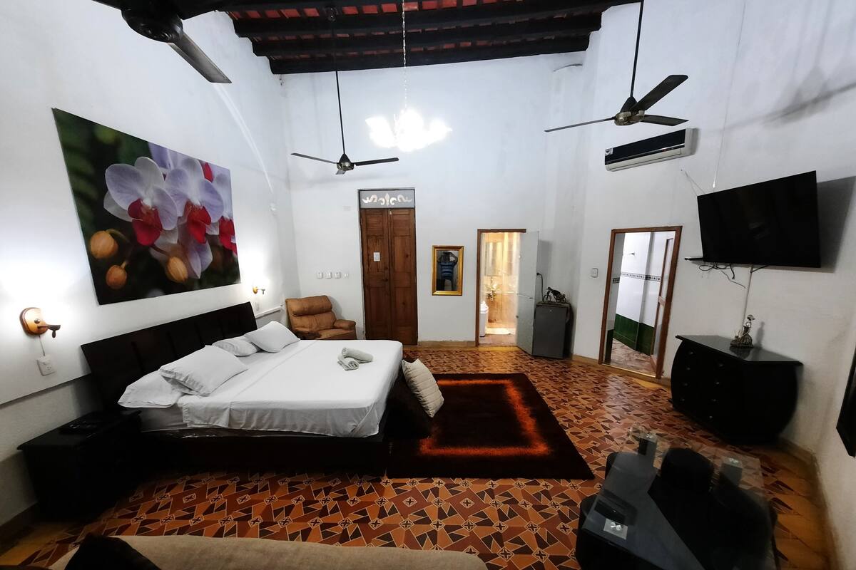 Habitación de hotel con cama, una silla, televisor, ventilador de techo y baño visible a través de una puerta abierta.