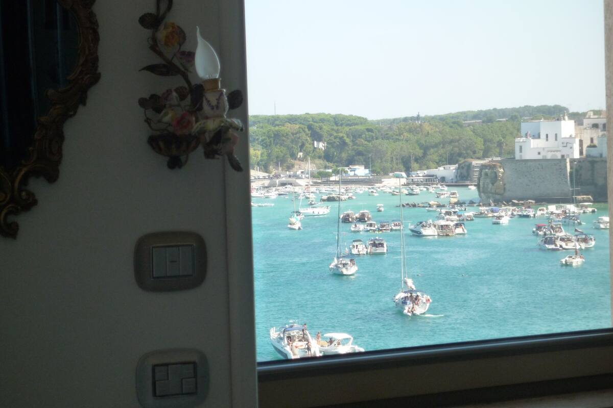 A view of a harbor with numerous boats, a coastal town, and a castle-like structure in the background.