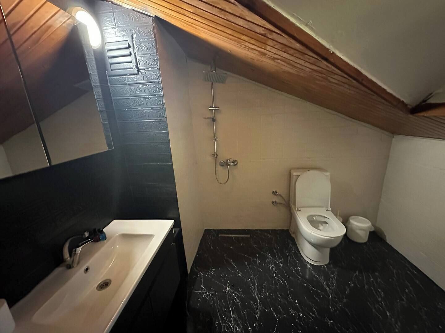 Un baño pequeño y funcional con lavamanos, inodoro y ducha.