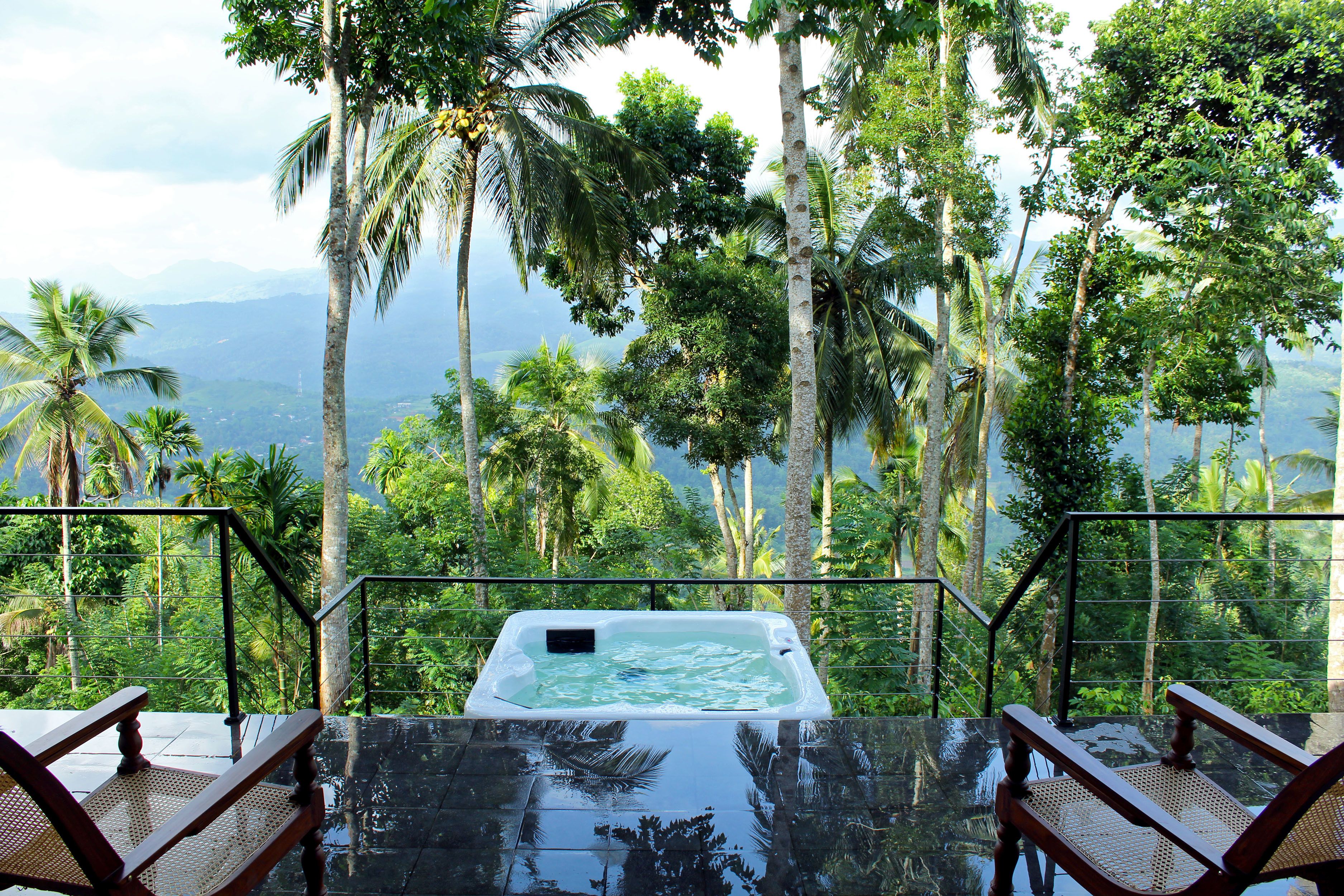 A hot tub with a view of a tropical landscape.