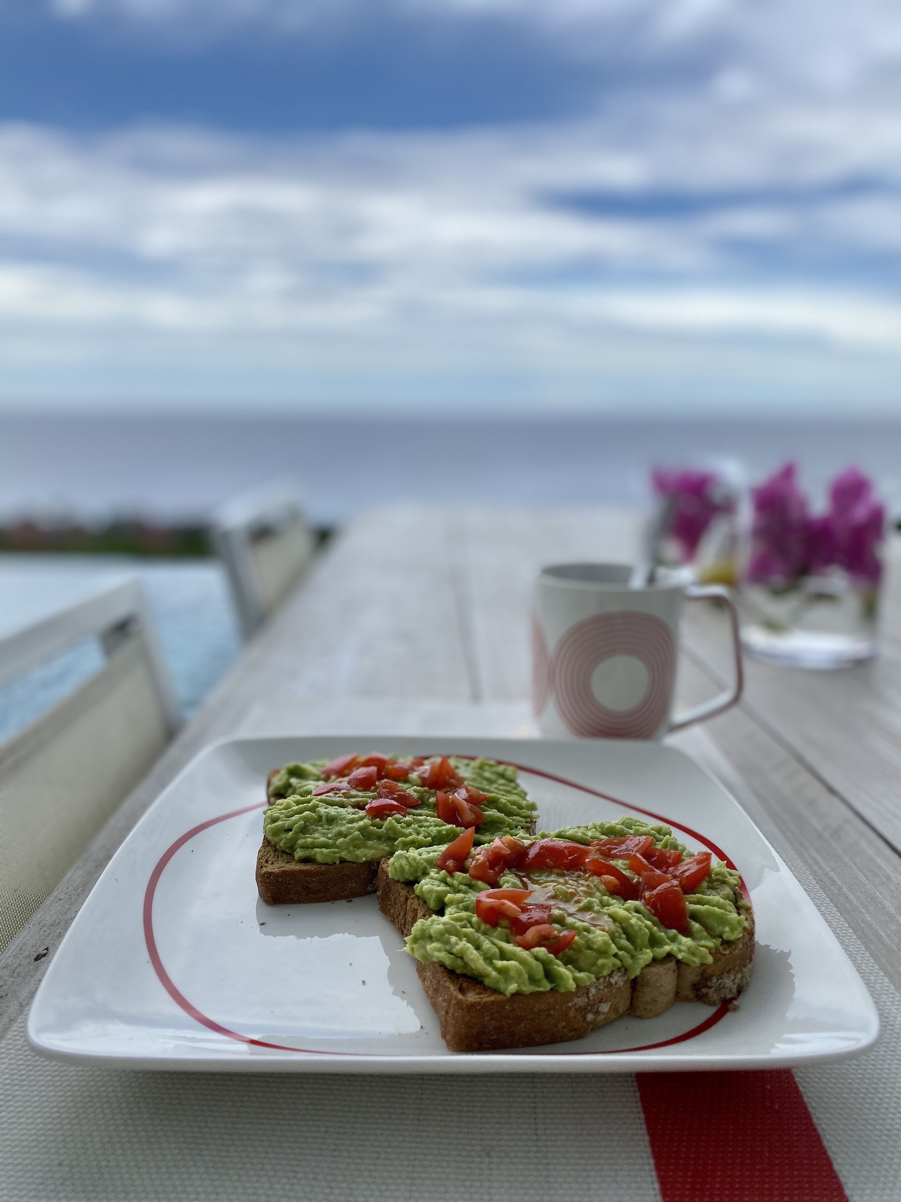 A plate with avocado toast on a white table with a red stripe, a mug, and purple flowers in the background.